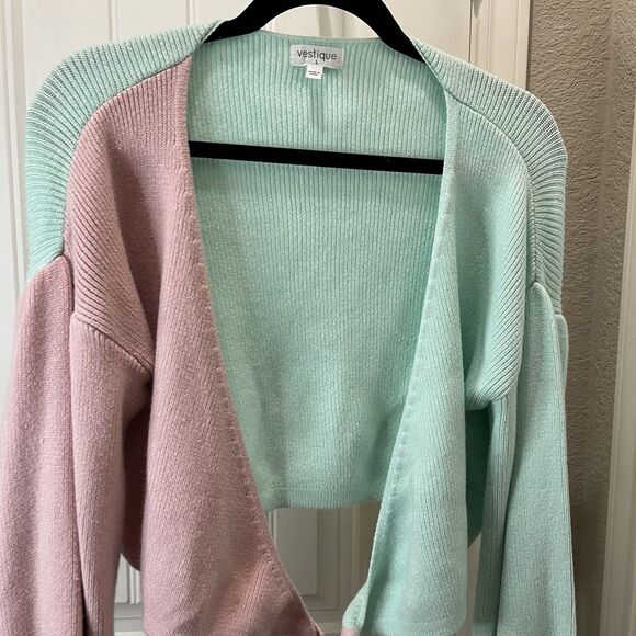 Vestique Colorblock Light Pastel Green Pink Wrap Sweater Cardigan Womens Size L - Picture 2 of 11